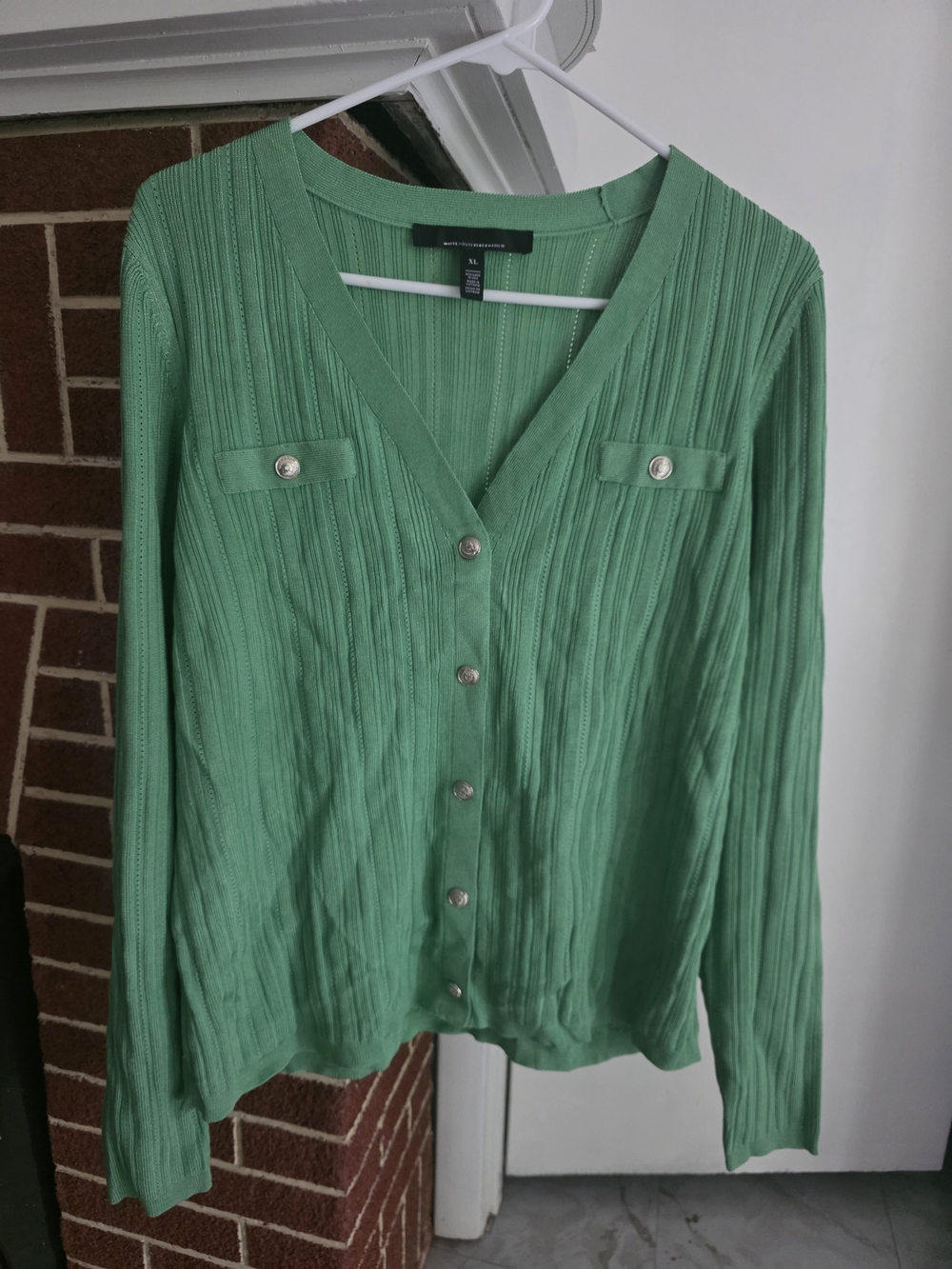 White House Black Market Green Ribbed Button-Front Cardigan